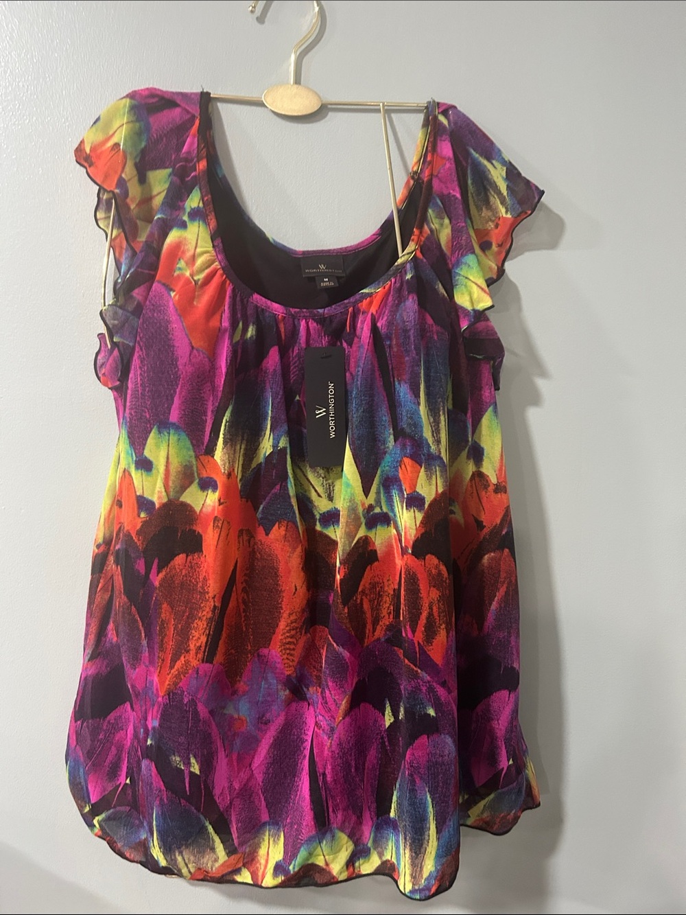 Worthington Vibrant Purple, Pink and Orange Floral Scoop Neck Blouse